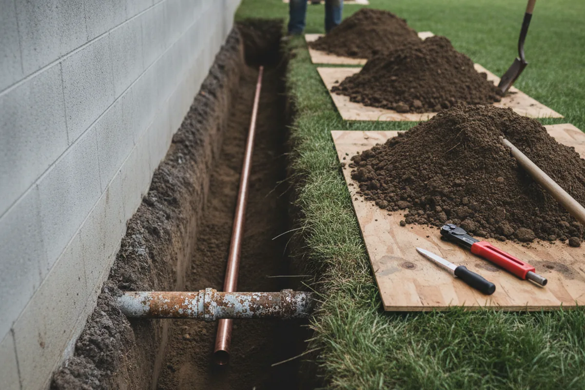 Excavated water line trench during Sewer Line Repair in Los Alamitos